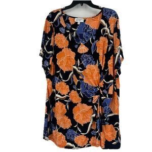 Prescott Womens Floral Top Knotted Black Orange Blue Stretch Short Sleeve Sz 4X
